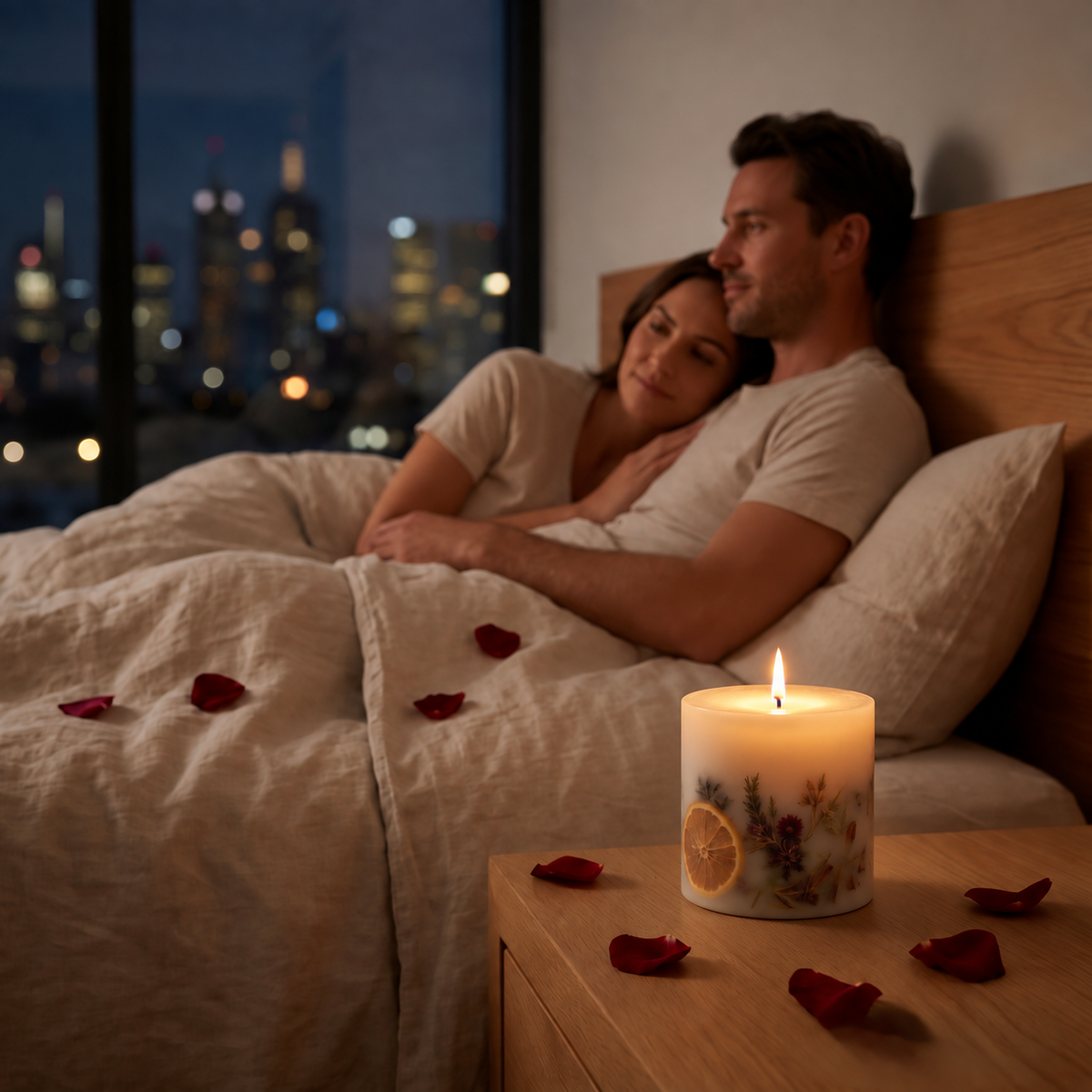A couple relaxes in bed under a lit scented candle on a wooden bedside table, with red rose petals scattered around and a city skyline visible at night through the window.