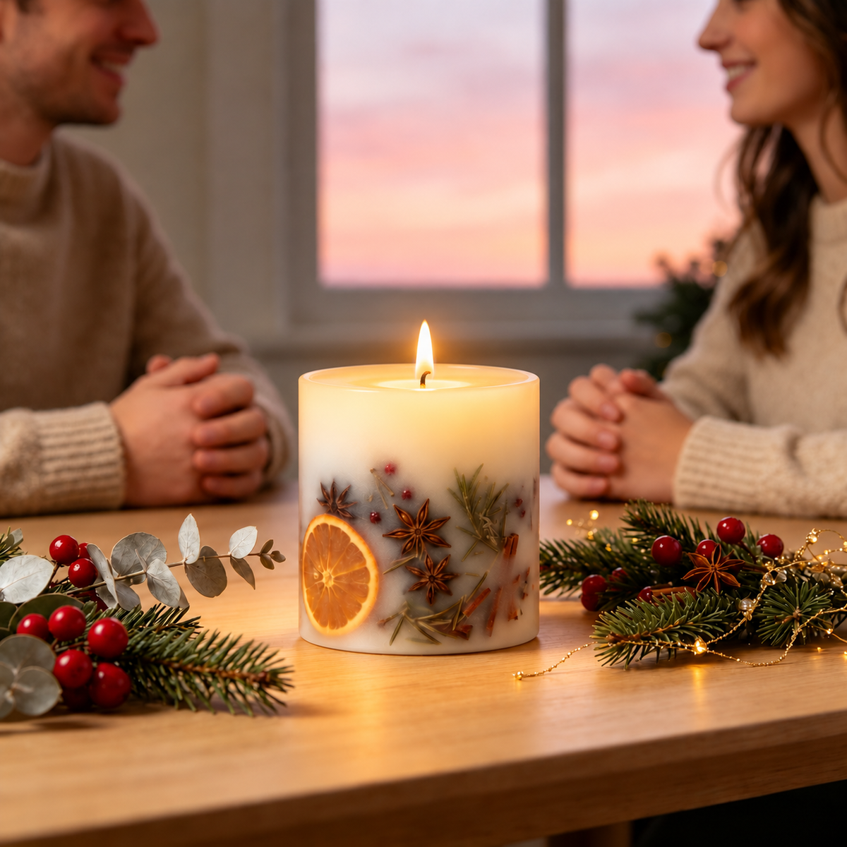 A large white holiday candle with dried botanicals, star anise, a citrus slice, and an orange-brown ribbon bow sits on a wooden table between two smiling people at a window during sunset.