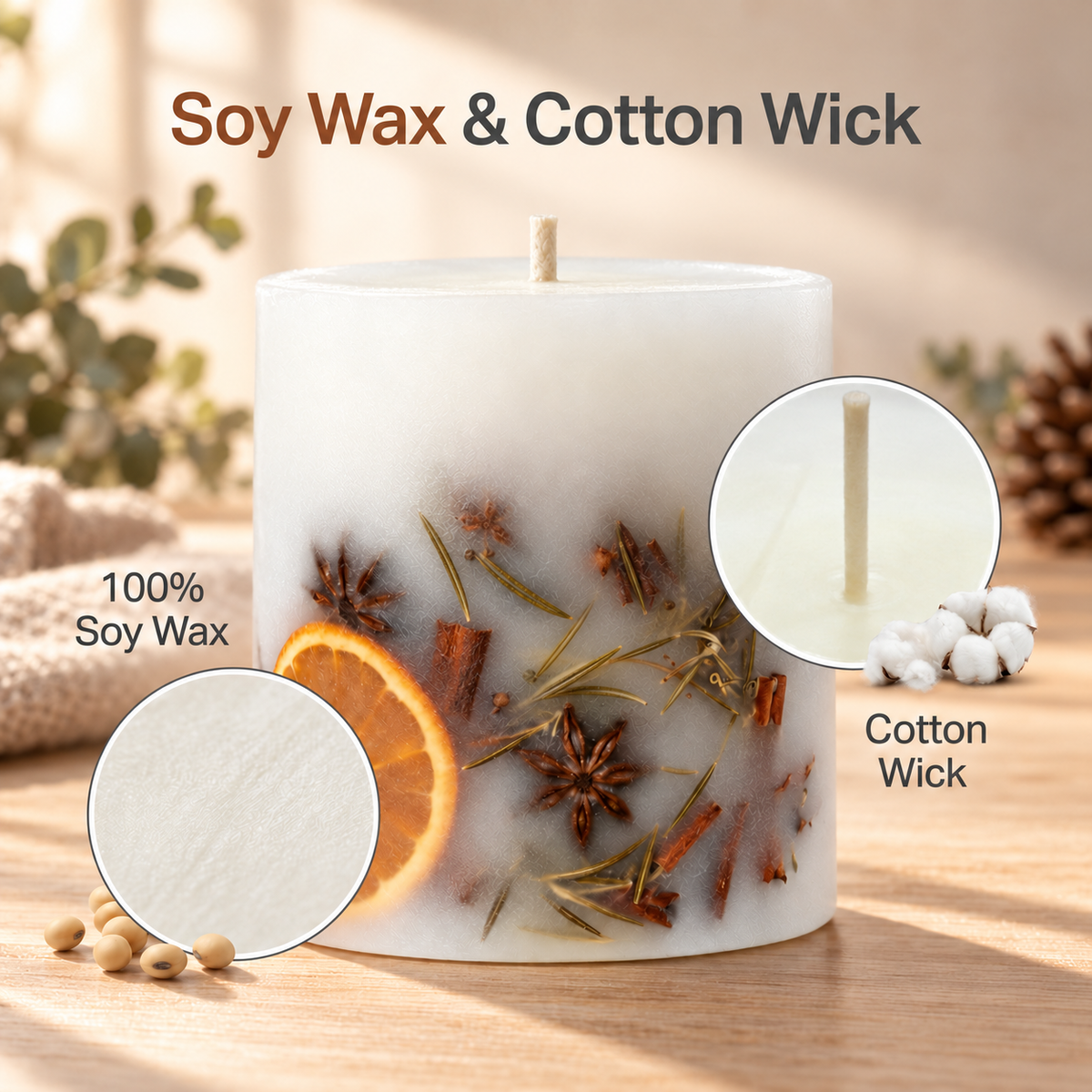 Altus Spice scented candle in a clear glass jar with a brown ribbon bow, featuring soy wax and cotton wick ingredients, with circular inset details on soy wax and cotton wick.