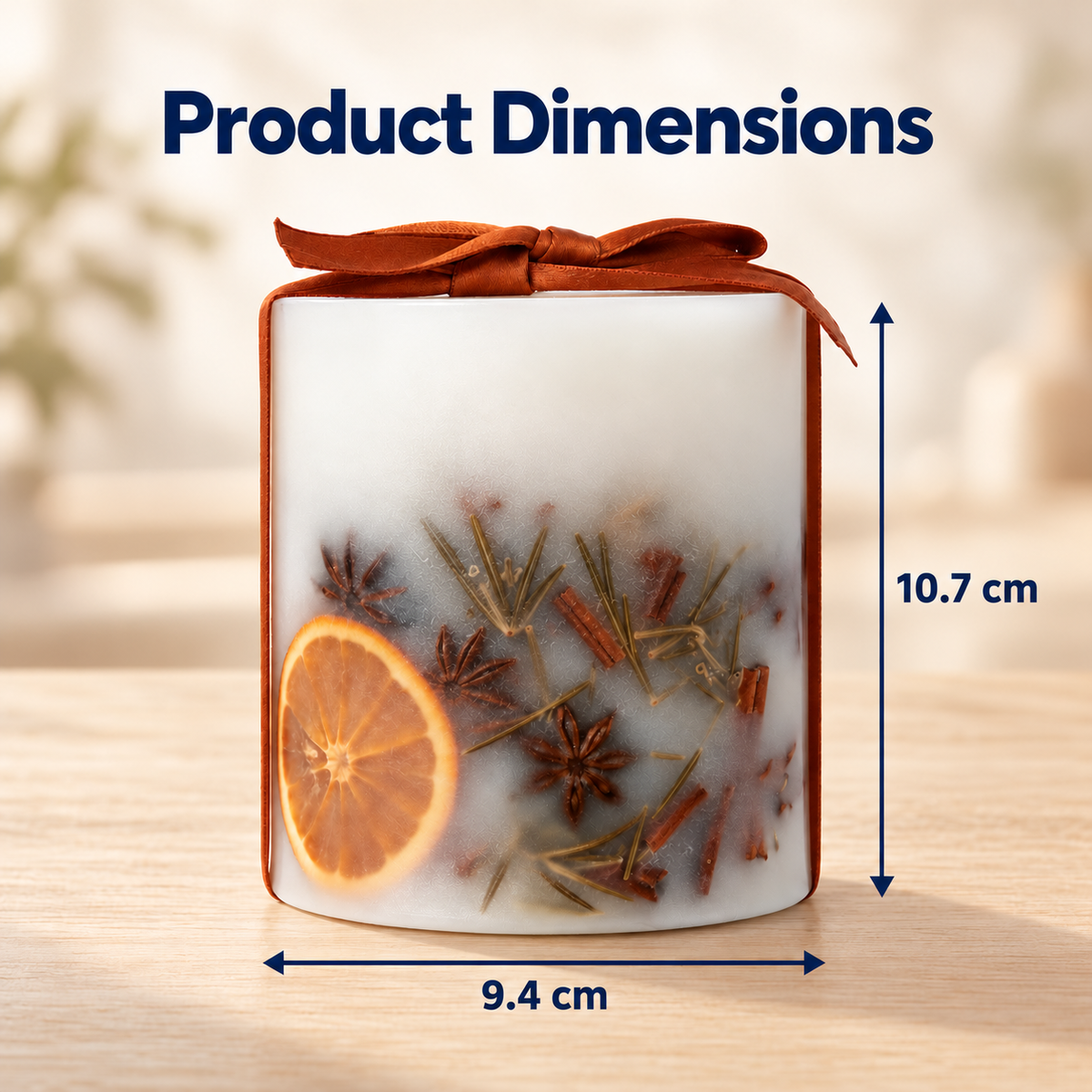 A scented candle jar labeled 'Altus' with dimension arrows and text showing product dimensions: 10.7 cm tall and 9.