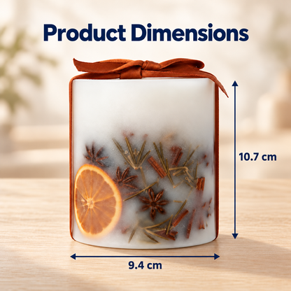 A scented candle jar labeled 'Altus' with dimension arrows and text showing product dimensions: 10.7 cm tall and 9.