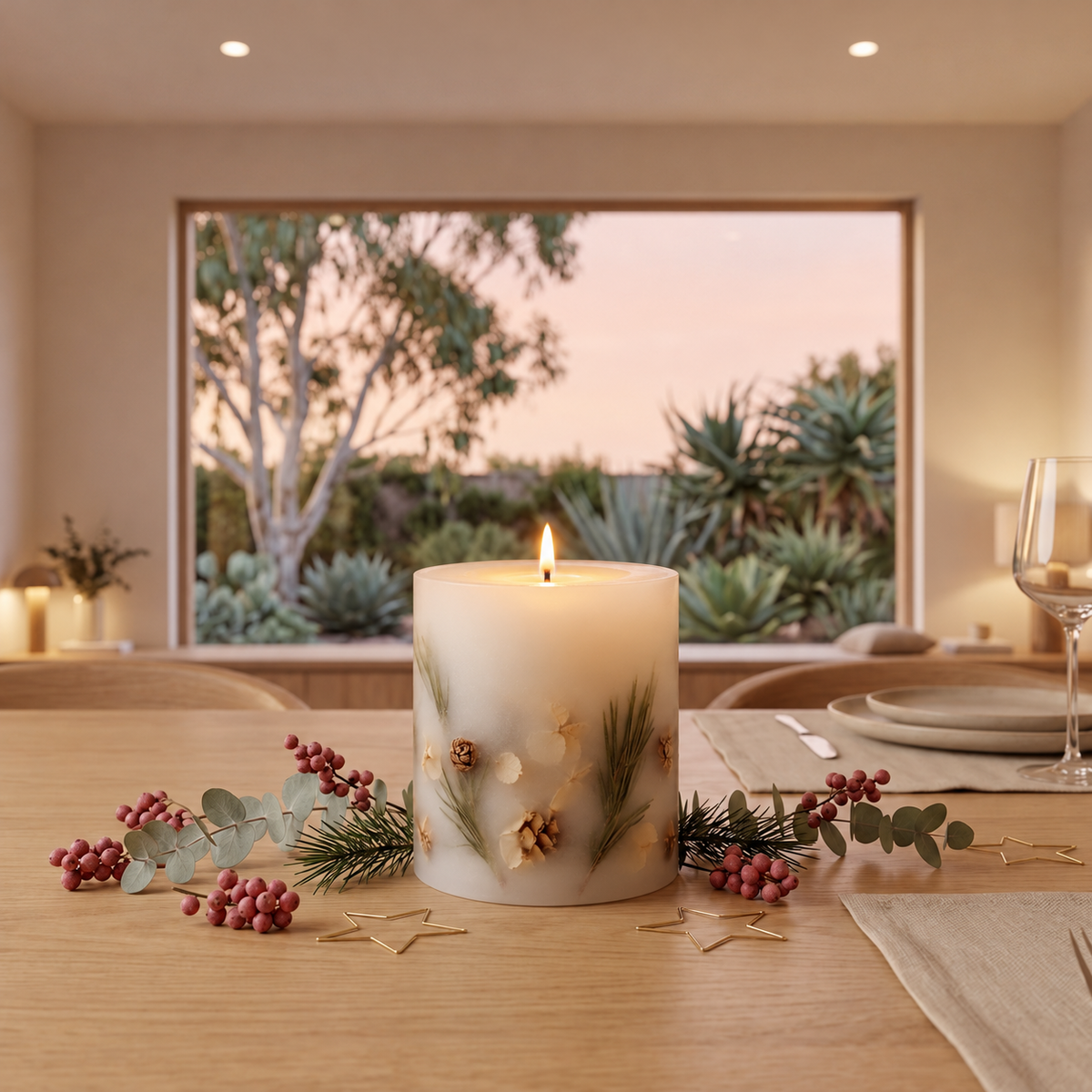 A white cylindrical candle with green pine needles and small pinecones embedded in the front, tied with a dark green ribbon, displayed on a wooden dining table with holiday greenery and plates in a warmly lit room.