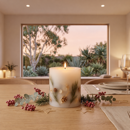 A white cylindrical candle with green pine needles and small pinecones embedded in the front, tied with a dark green ribbon, displayed on a wooden dining table with holiday greenery and plates in a warmly lit room.