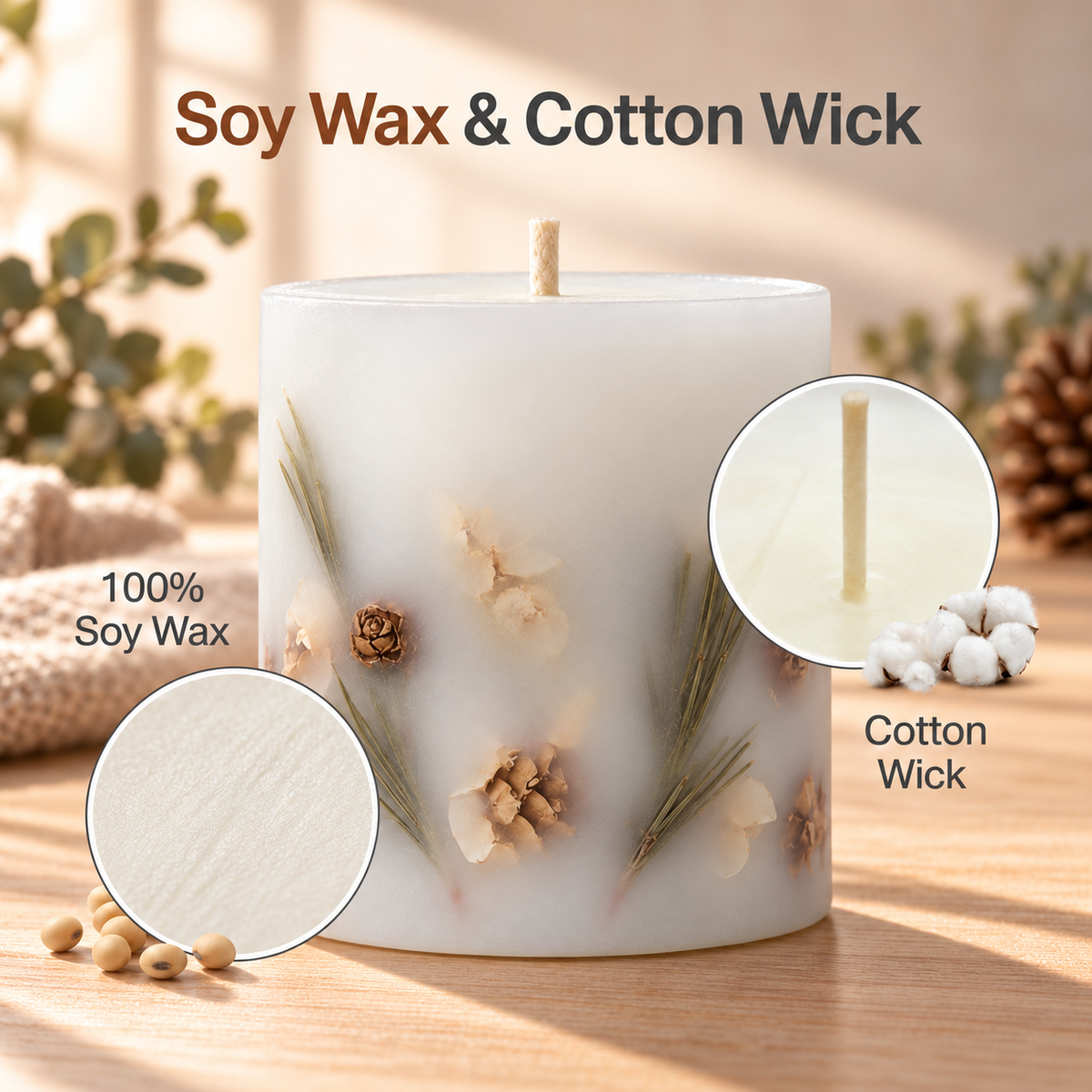 Altus frosted soy wax candle with cotton wick, shown in a frosted glass jar with a dark green ribbon. The image includes text overlays reading 'Soy Wax & Cotton Wick' and circular insets showing the soy wax texture and the cotton wick.