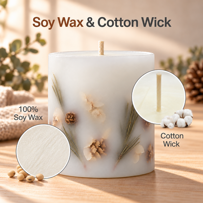 Altus frosted soy wax candle with cotton wick, shown in a frosted glass jar with a dark green ribbon. The image includes text overlays reading 'Soy Wax & Cotton Wick' and circular insets showing the soy wax texture and the cotton wick.