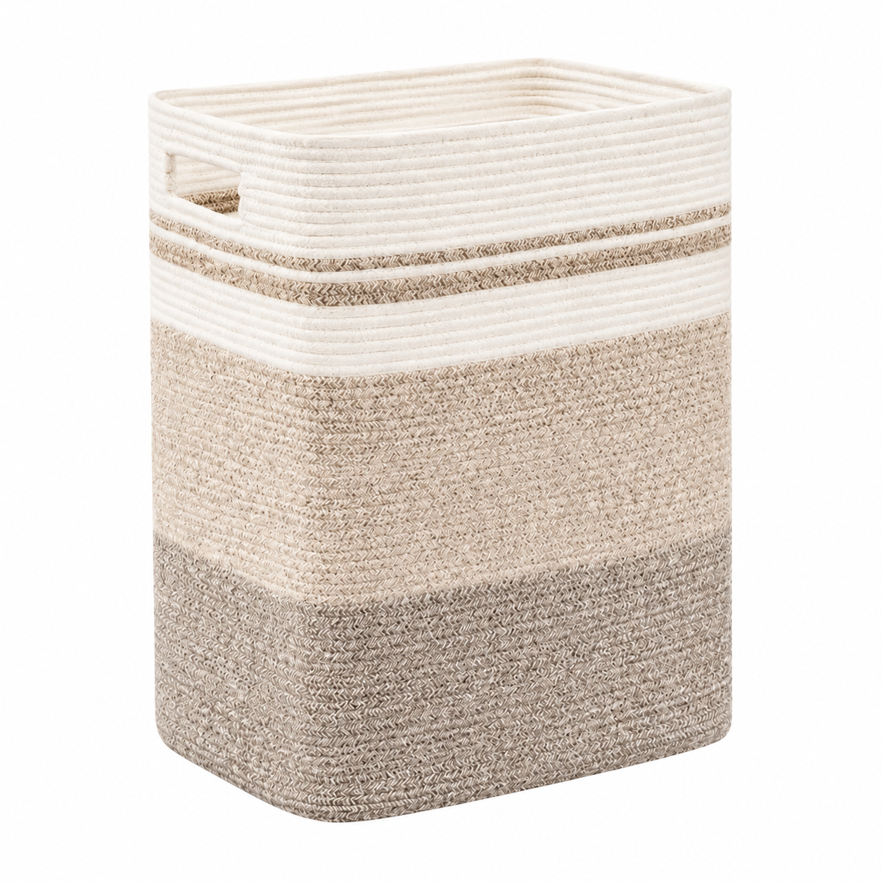A rectangular woven storage basket with integrated side handles, featuring horizontal striped bands in cream, beige, and taupe on a solid white background.