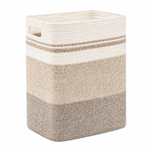 A rectangular woven storage basket with integrated side handles, featuring horizontal striped bands in cream, beige, and taupe on a solid white background.