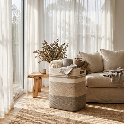 A woven storage basket with horizontal beige and gray stripes sits on a jute rug in a bright, modern living room next to a beige sofa and a small wooden side table.