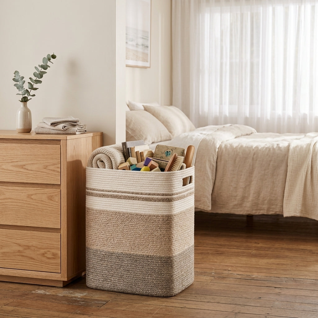A woven rectangular laundry hamper basket in beige and cream stripes sits on a wooden floor in a softly lit bedroom, filled with rolled towels and stationery.