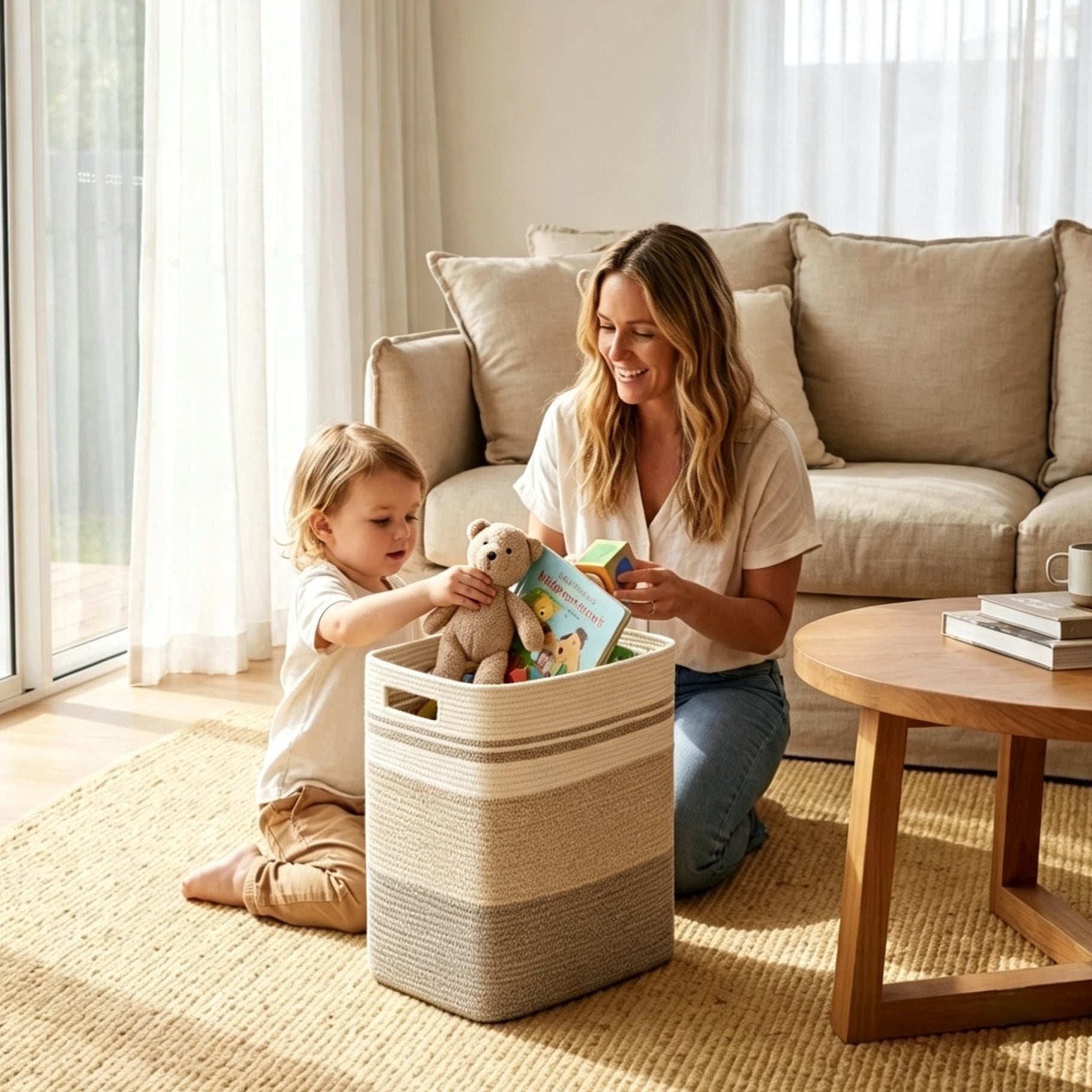 A woman and a young child sit on a woven rug in a bright living room, playing with a striped rope laundry hamper filled with toys. The scene is styled with a beige sofa, a wooden coffee table, and sheer white curtains.