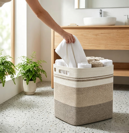 A striped woven laundry hamper basket in cream, beige, and taupe, filled with white towels and rolled towels, set in a bright bathroom next to a wooden vanity.