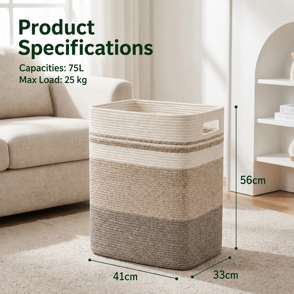 A woven rectangular laundry basket with side handles stands on a light rug in a bright living room. Large overlaid text reads 'Product Specifications' with capacity and max load details, plus dimension arrows showing 41 cm width, 33 cm depth, and 56 cm height.
