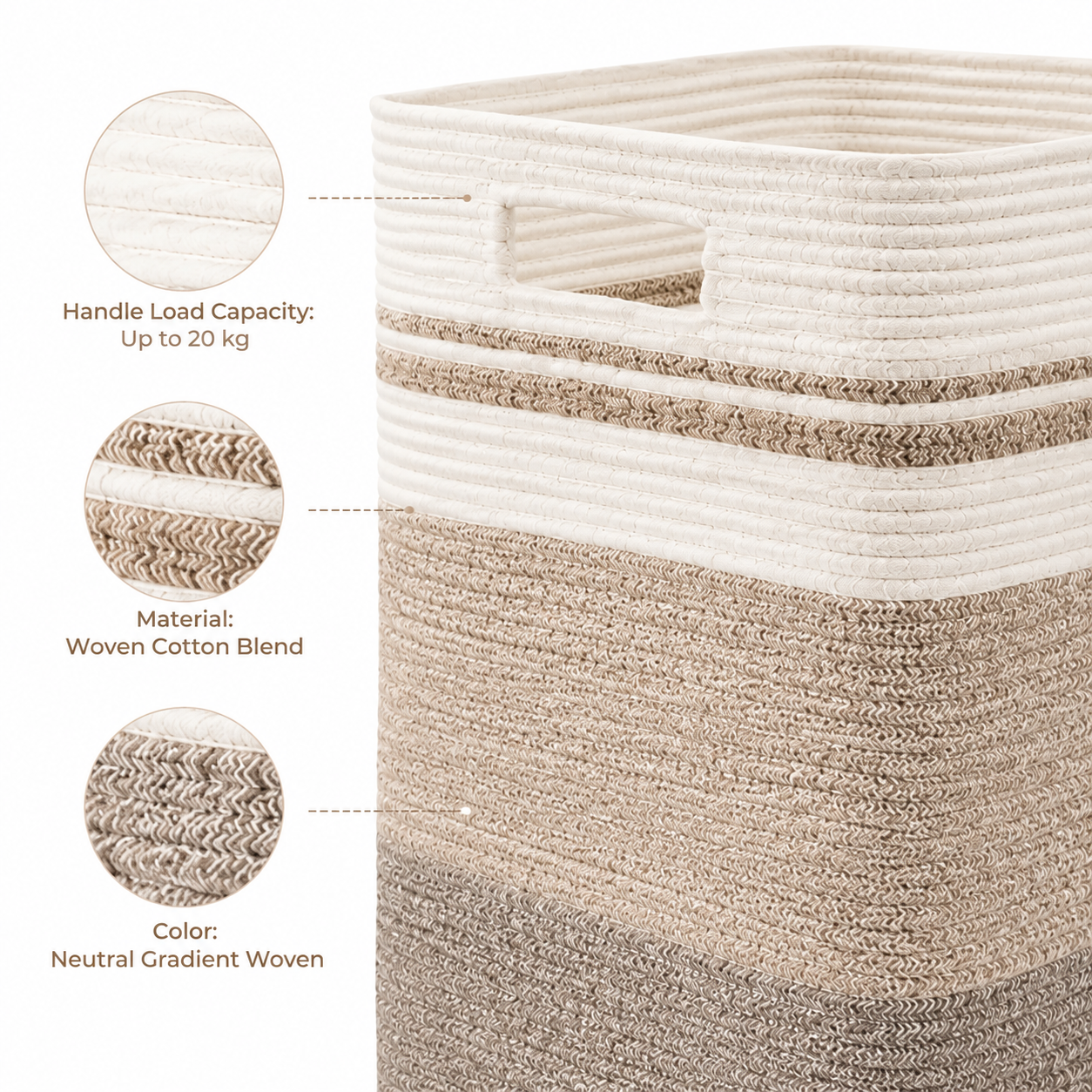 A woven rectangular storage basket with a handle, shown on a white background with three callout circles and text explaining load capacity, material, and color. The basket has horizontal stripes in off-white, beige, and taupe-gray.