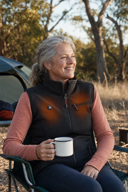 Woman sitting outdoors in a camping chair holding a mug, surrounded by trees and nature.
