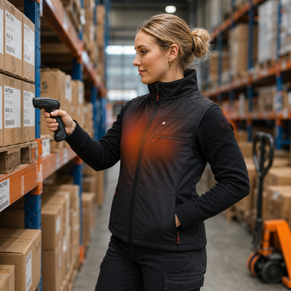 Woman in a warehouse using a barcode scanner.