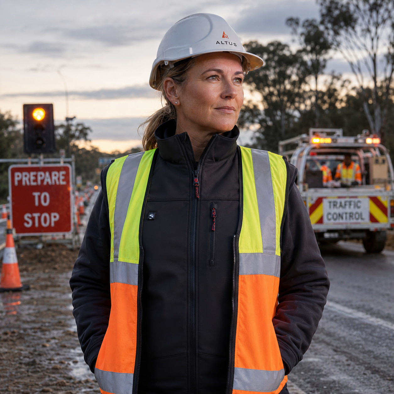 Person wearing a hard hat and high-visibility jacket in a construction setting with traffic control signs and equipment.