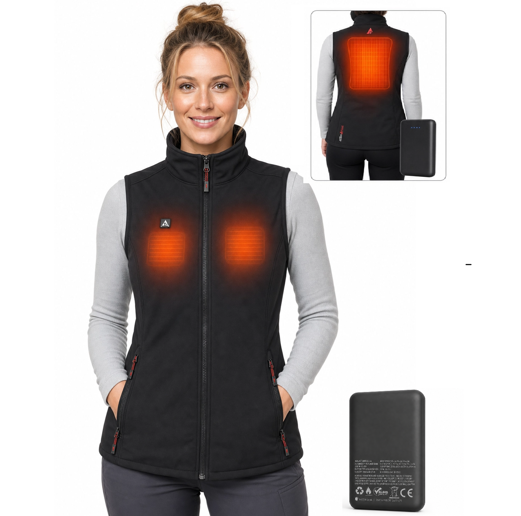Woman wearing a black heated vest with inset images of the vest and battery pack.