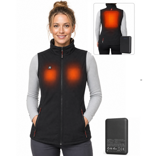 Woman wearing a black heated vest with inset images of the vest and battery pack.