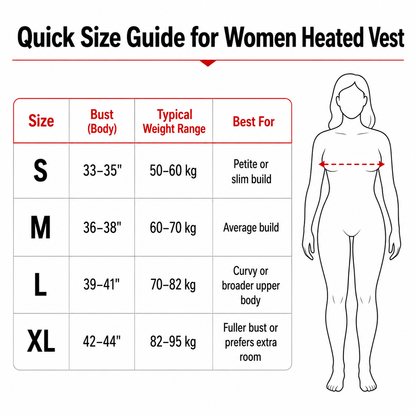 Quick size guide for women's heated vests with measurements and weight ranges.