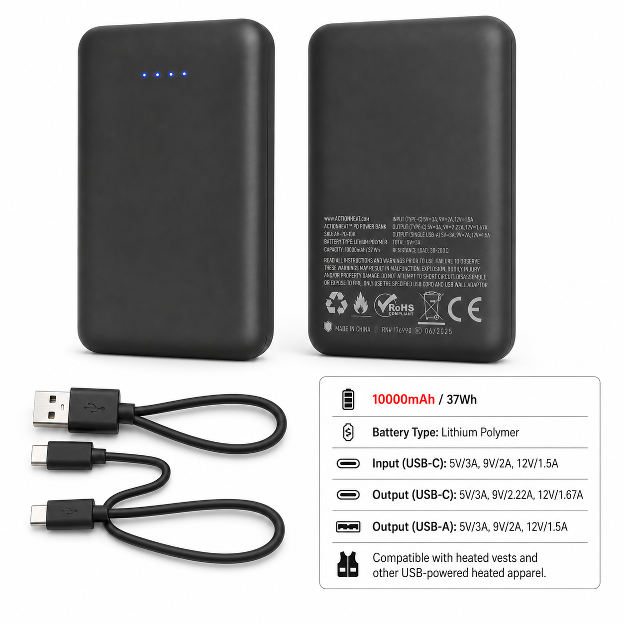 Black power bank with charging cable on a white background