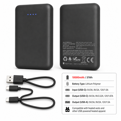 Black power bank with charging cable on a white background