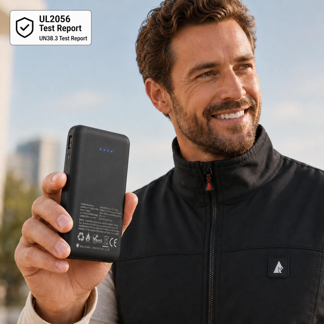 Man holding a black power bank with a scenic background