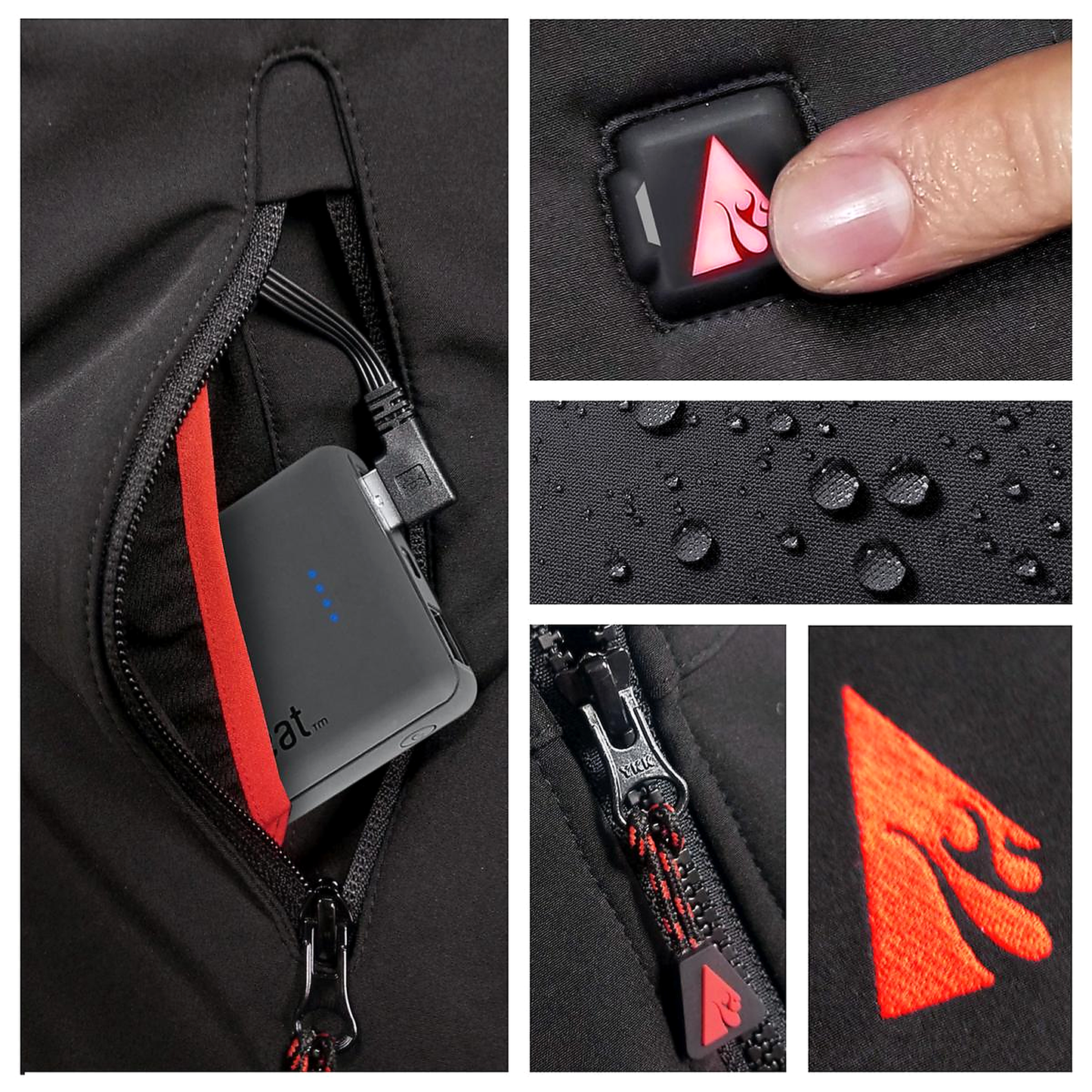 Collage of a black electronic device with red accents in a jacket pocket, close-up of button, water droplets on fabric, zipper detail, and brand logo.
