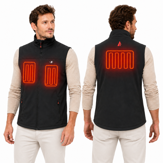 Black heated vest with red heating elements on a white background