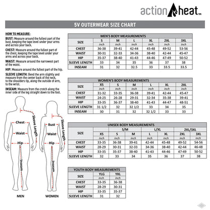 Action Heat size chart for men, women, and youth outerwear with measurements.