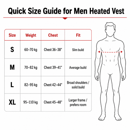 Quick size guide for men's heated vests with weight, chest measurements, and fit descriptions.