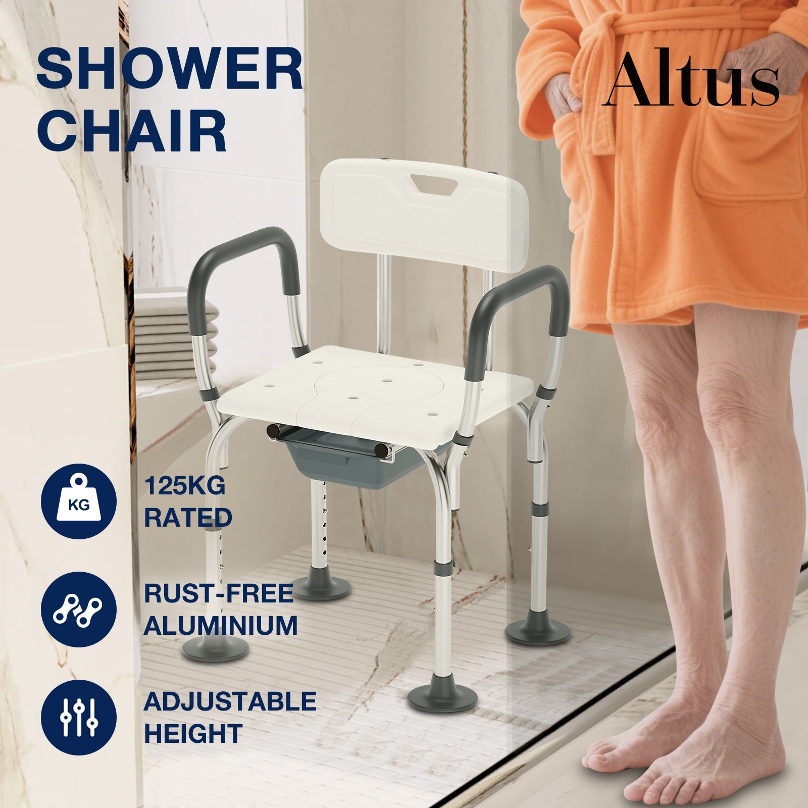 Shower chair with person wearing an orange bathrobe, featuring the brand 'Altus'.