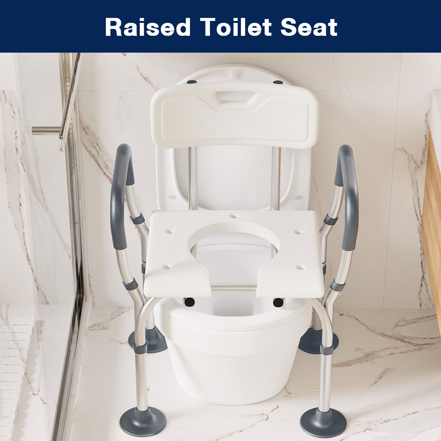 Raised toilet seat with adjustable legs in a bathroom setting