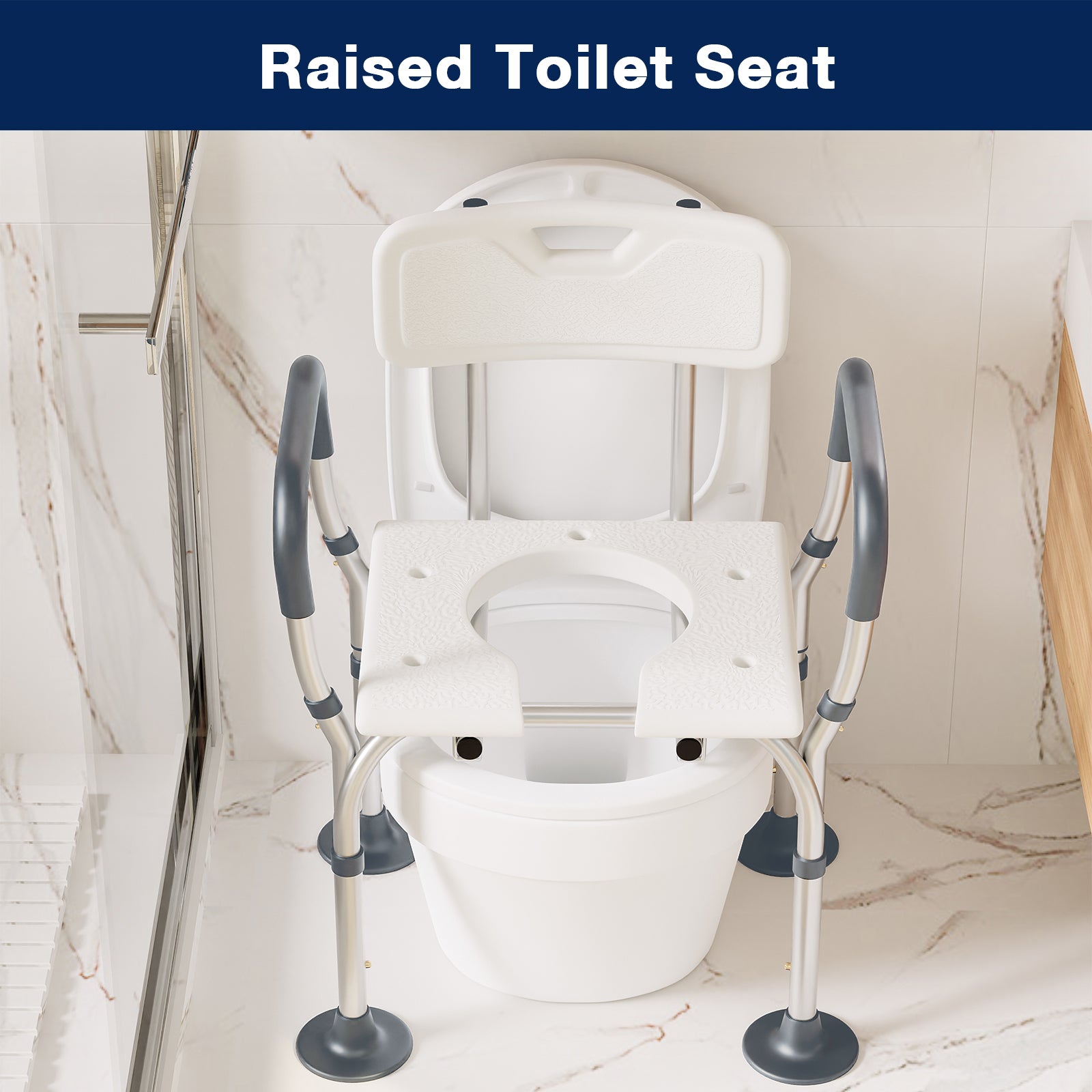 Raised toilet seat with adjustable legs in a bathroom setting