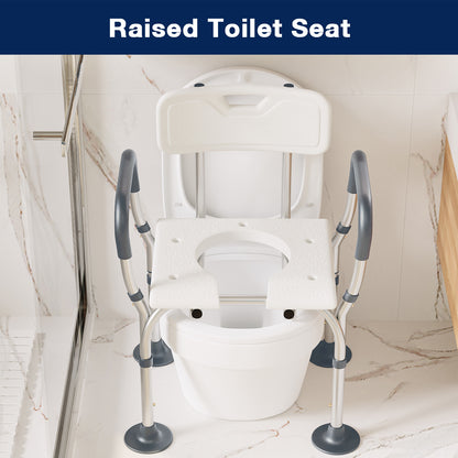 Raised toilet seat with adjustable legs in a bathroom setting