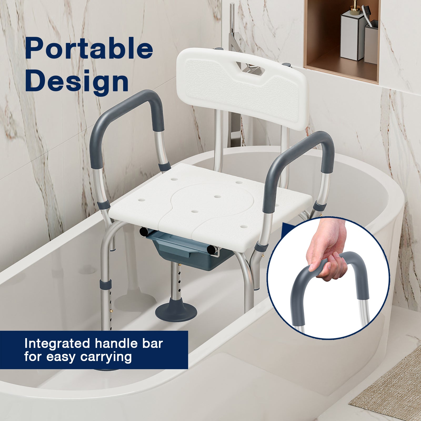 Portable shower chair with integrated handle bar in a bathroom setting