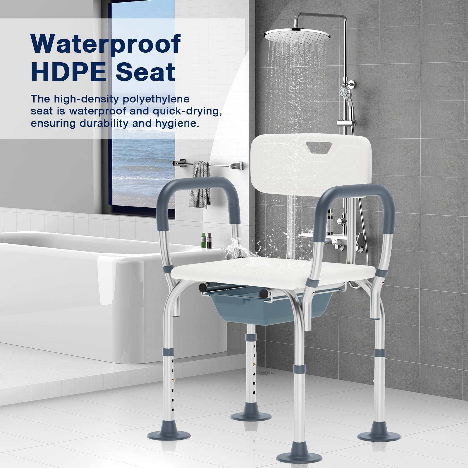Bath support chair with waterproof HDPE seat in a bathroom setting