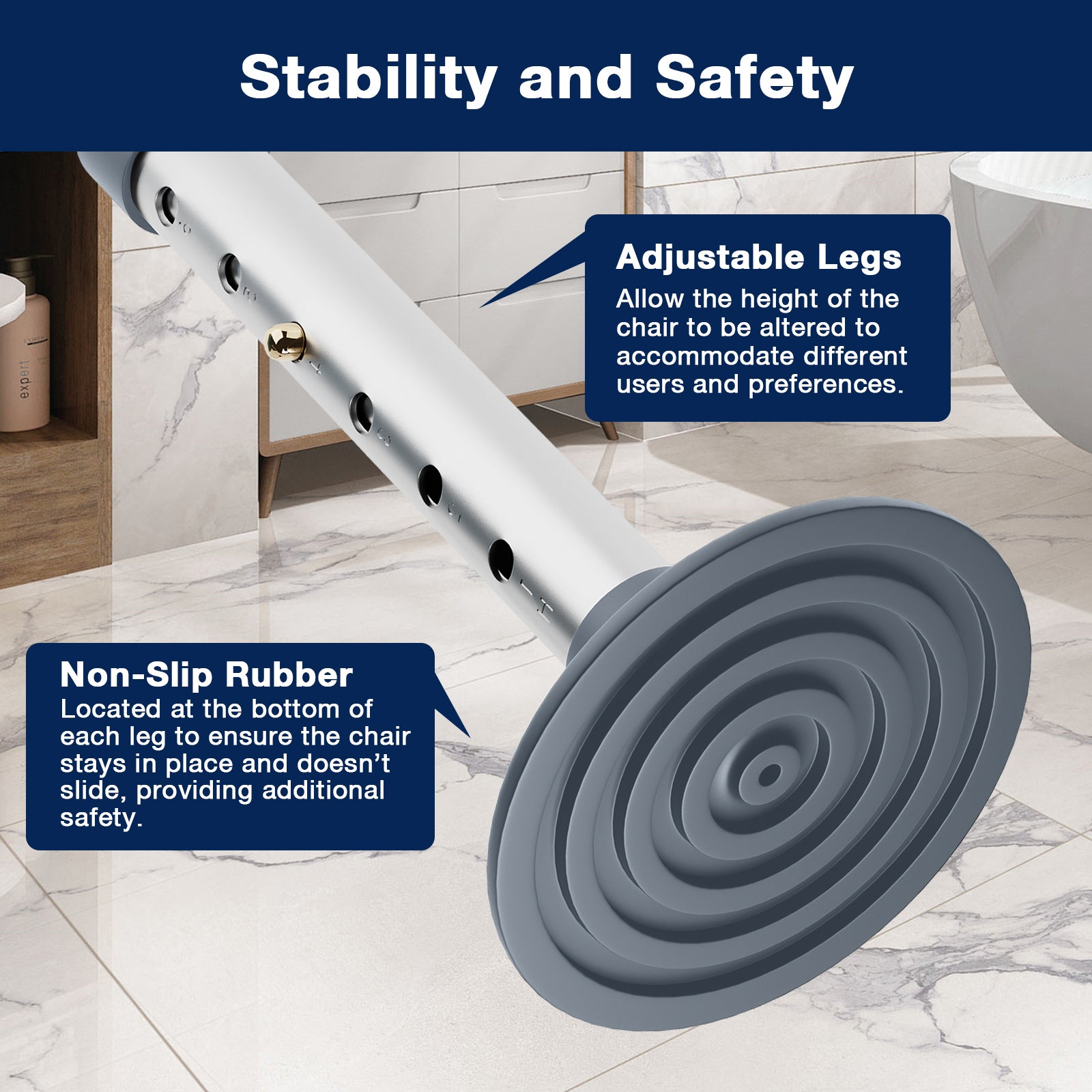 Chair leg with adjustable legs and non-slip rubber on a marble floor.