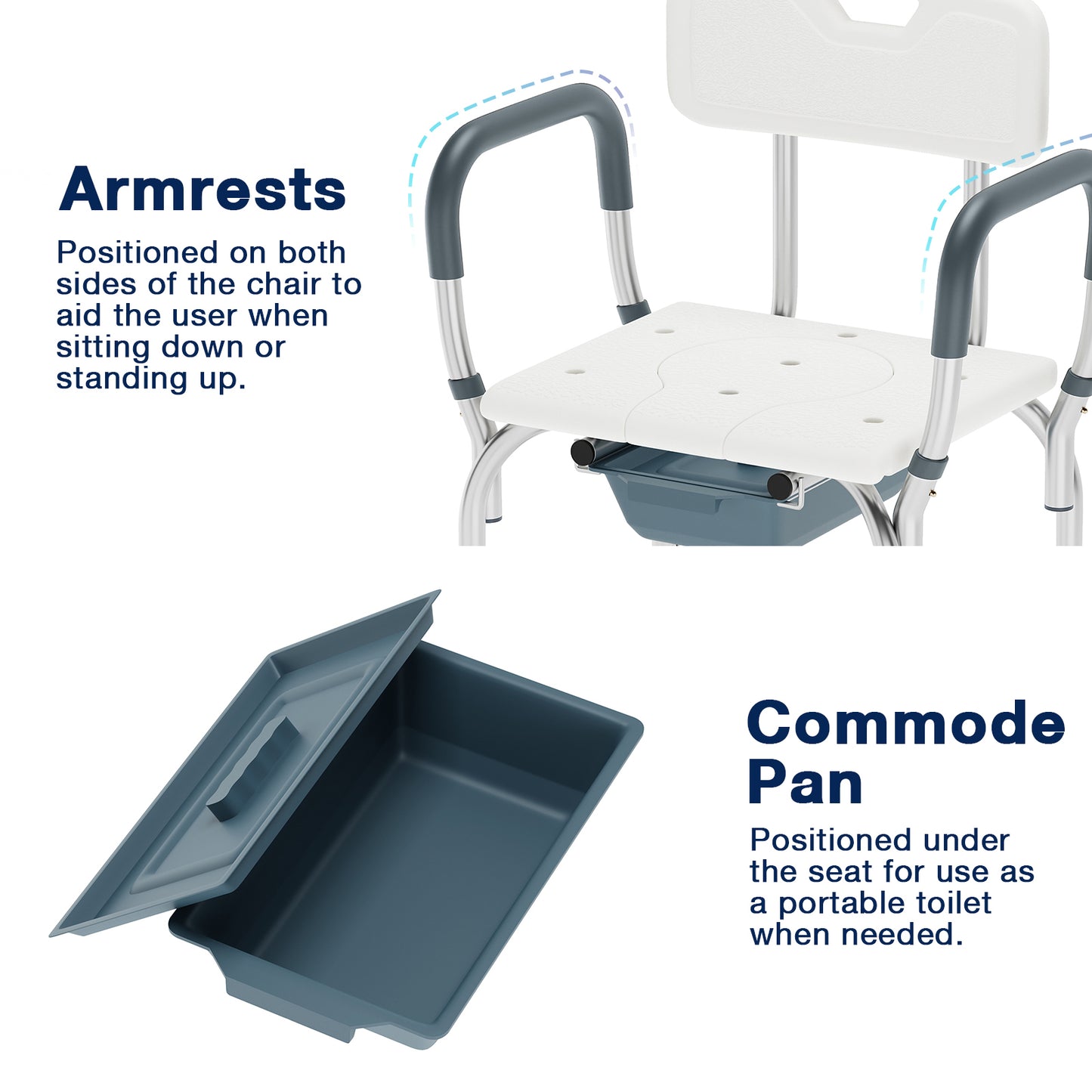 Medical chair with armrests and commode pan on a white background