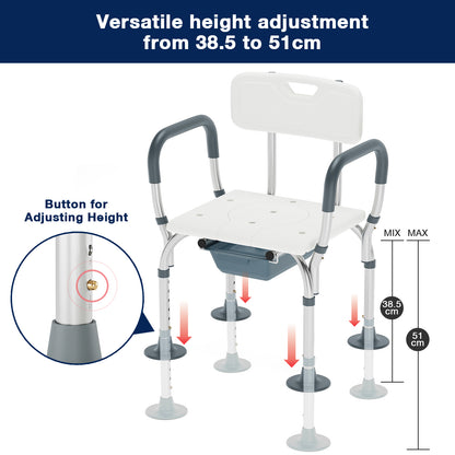 Adjustable height shower chair with measurement details on a white background