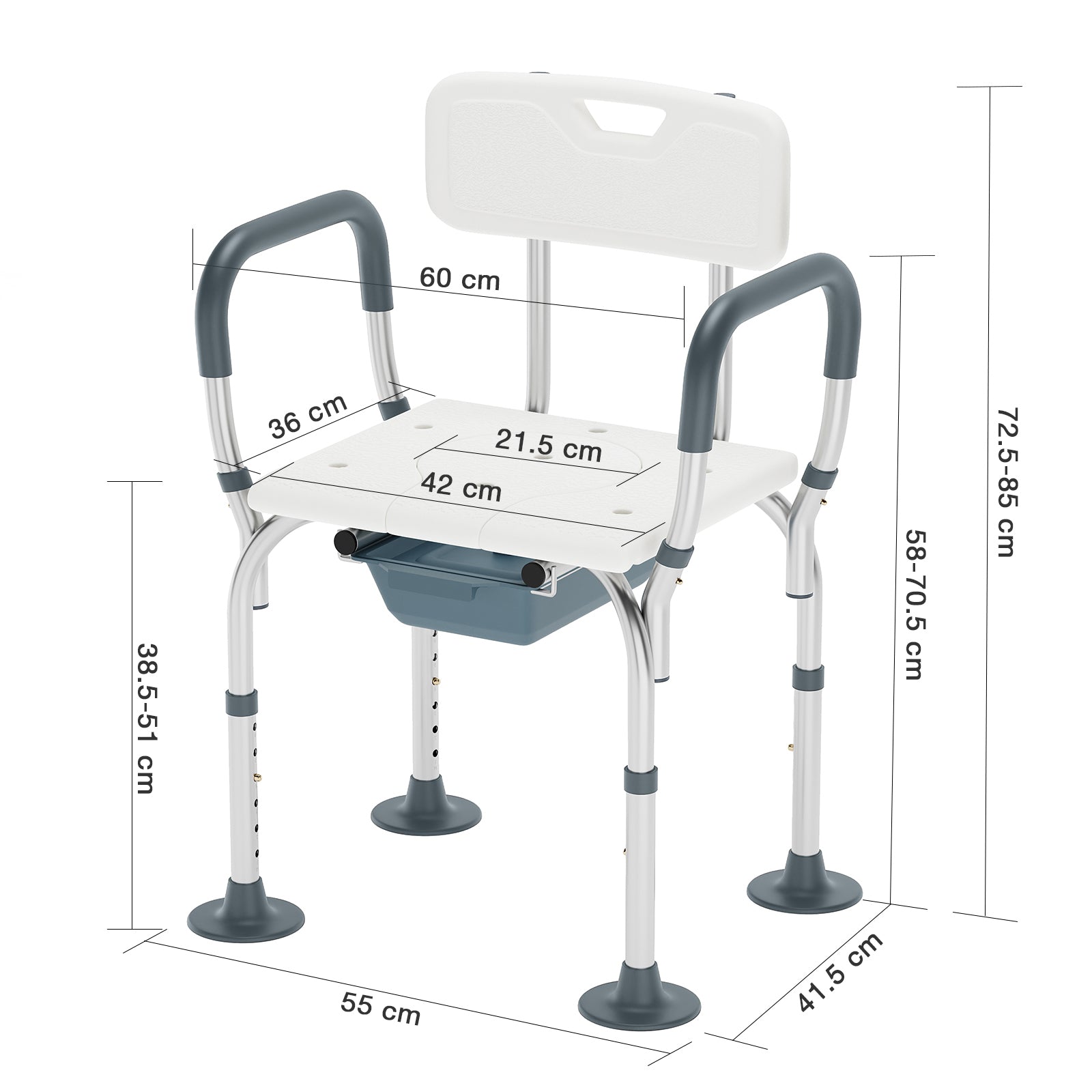 Measurement chart of a shower chair with dimensions labeled