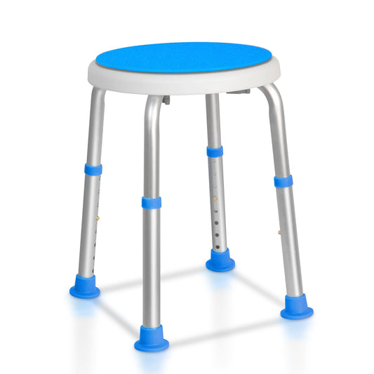 Stool with blue seat and foot pads on a white background