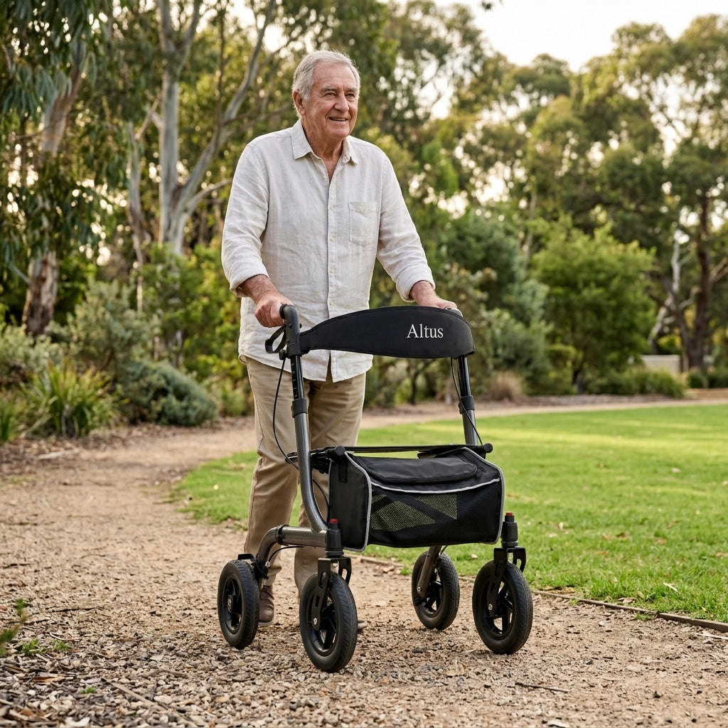 An older man pushing an Altus rolling walker on a gravel path in a park with green grass and trees in the background.