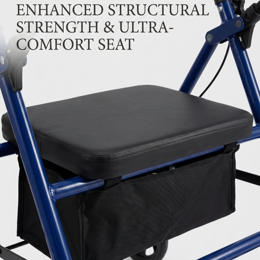Black seat with storage compartment on a blue frame, featuring text about structural strength and comfort.