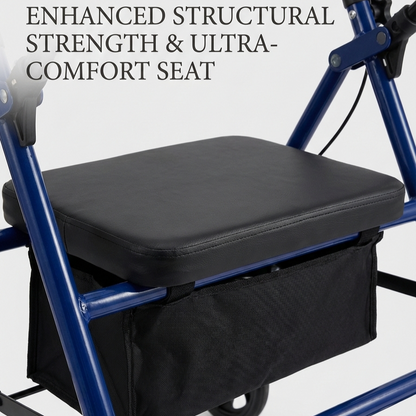 Black seat with storage compartment on a blue frame, featuring text about structural strength and comfort.