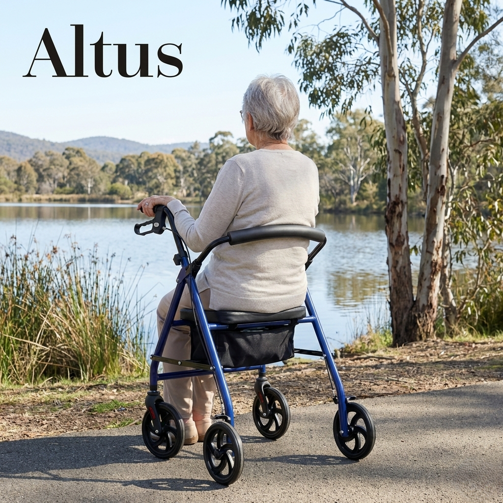 Person using a walker by a lake with 'Altus' branding.