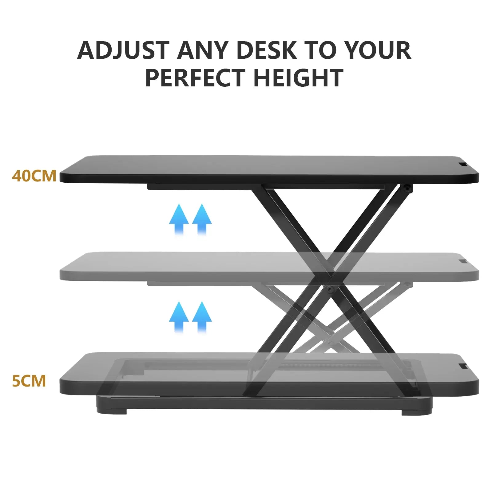 An infographic detailing the dimensions and load-bearing capacity of a black desk riser, with annotations for sitting and standing height adjustments.