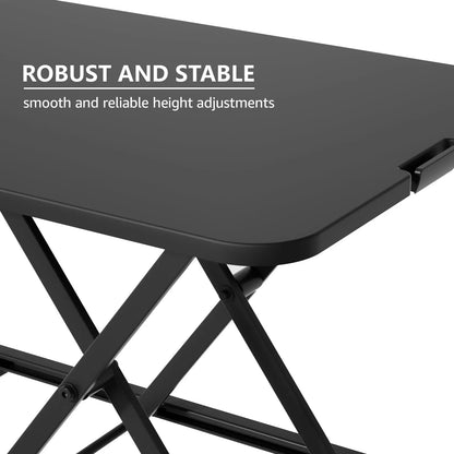 An angled view of a black desk riser emphasizing the robust and stable design with text highlighting "smooth and reliable height adjustments."