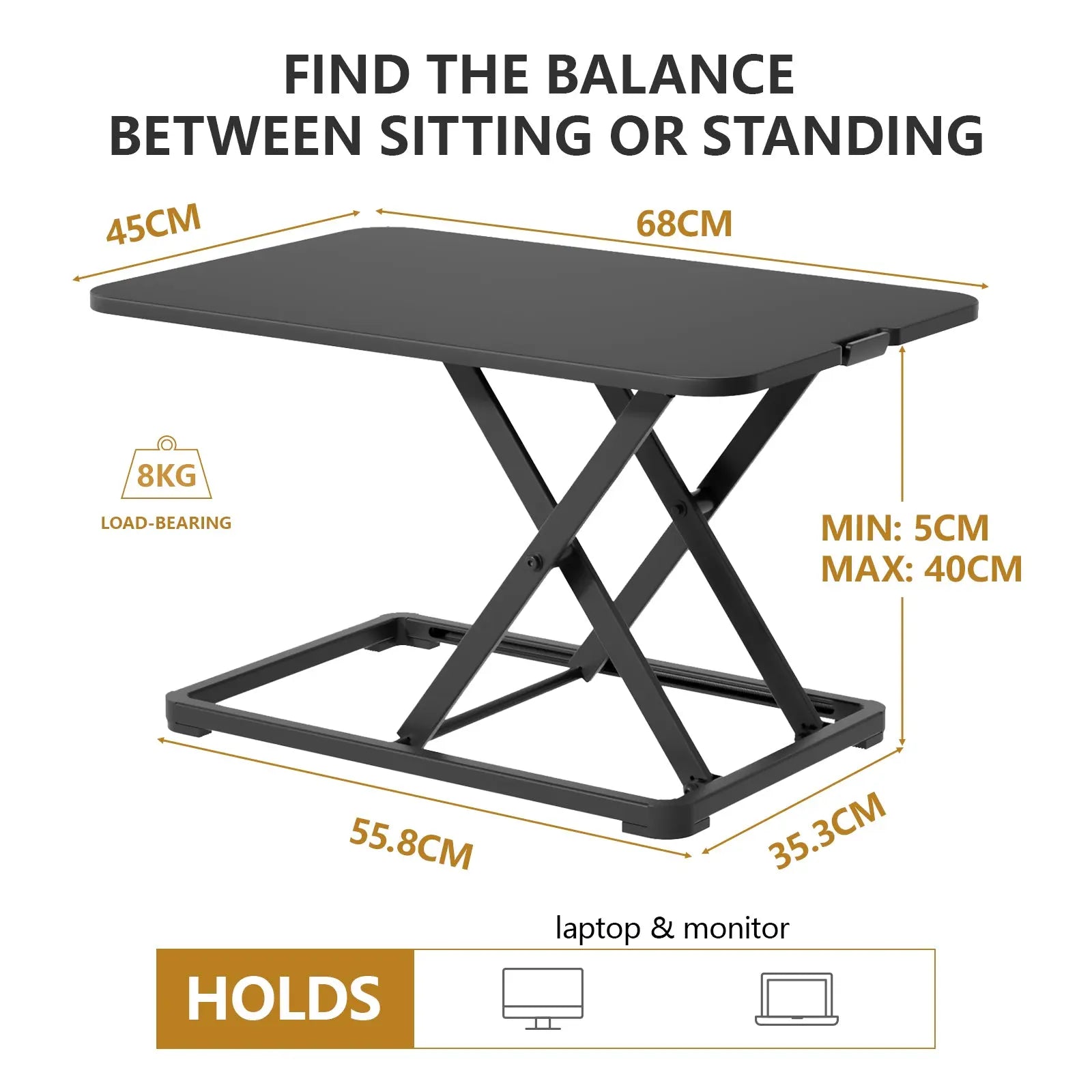 An infographic detailing the dimensions and load-bearing capacity of a black desk riser, with annotations for sitting and standing height adjustments.