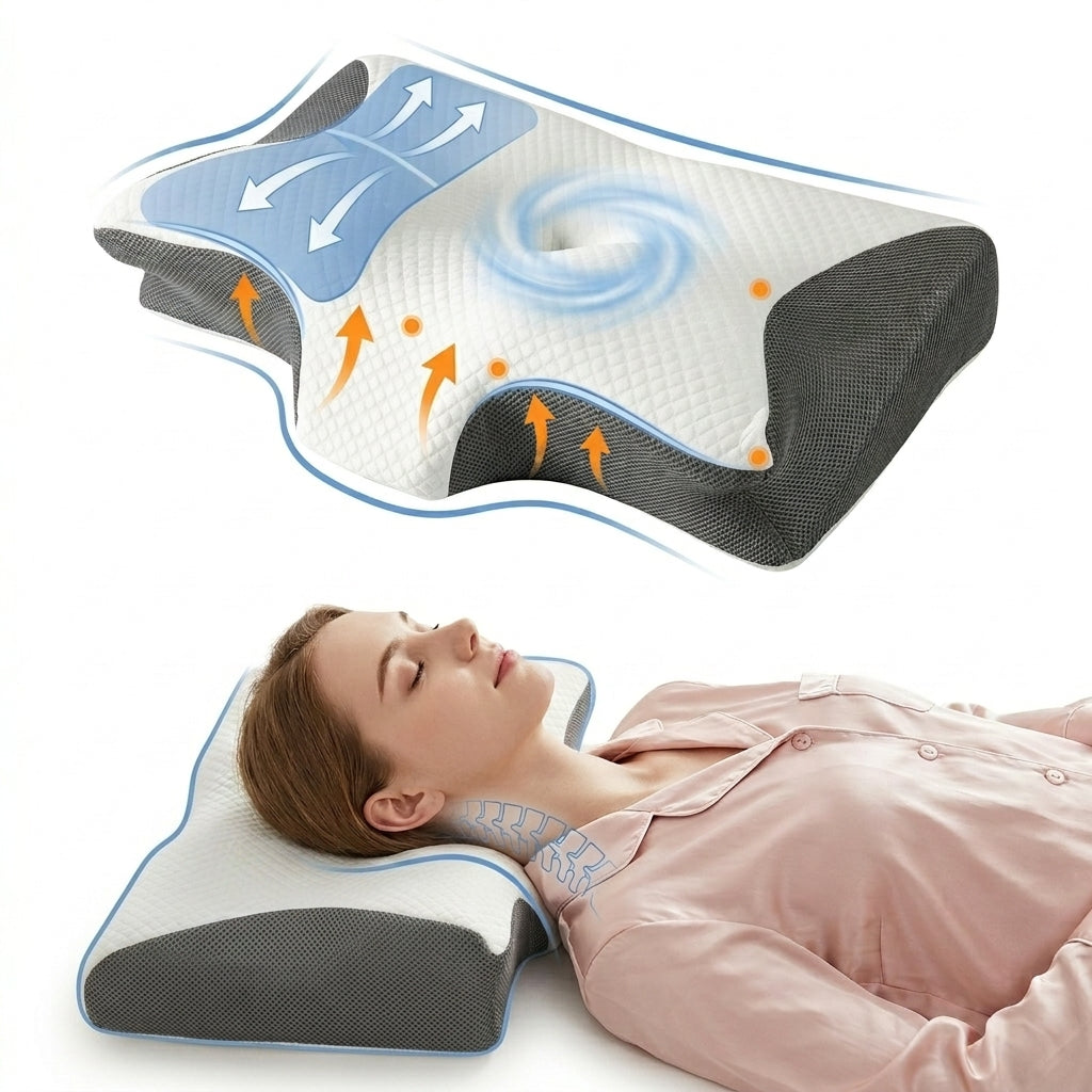 An ergonomic memory foam pillow shown with a cross-section diagram of airflow and a woman sleeping comfortably on the pillow.
