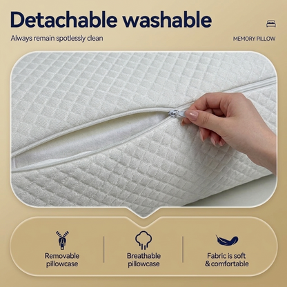 A beige promotional graphic for a white quilted detachable pillowcase. A hand is shown pulling a zipper on the pillowcase, with text reading 'Detachable washable' and feature icons below for 'Removable pillowcase,' 'Breathable pillowcase,' and 'Fabric is soft & comfortable.